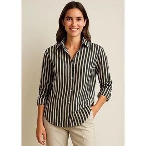 Frank & Eileen Silvio Untuckable Button-Up Shirt Womens S Navy & Yellow Stripes